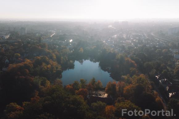 Park Sołacki z lotu ptaka o poranku