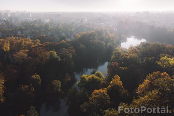 Park Sołacki z lotu ptaka o poranku